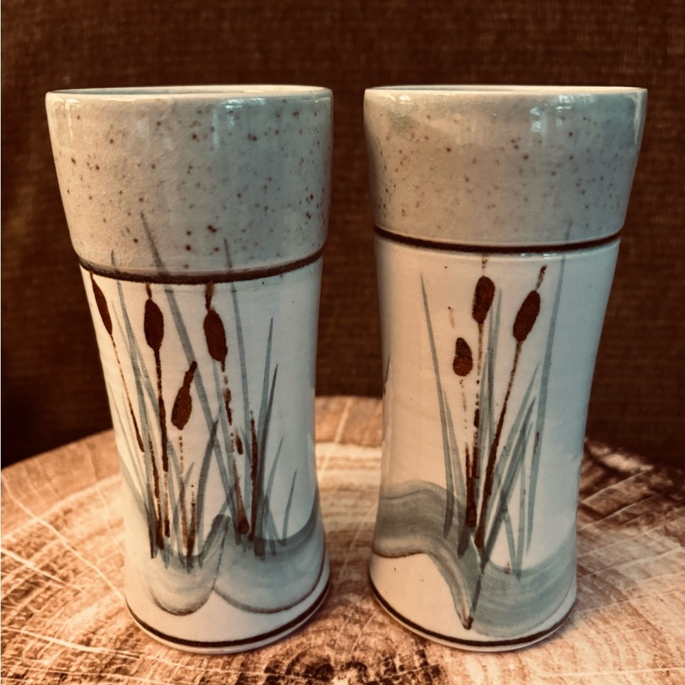 Jensen Turnage Pottery Tumblers/Vases Cattail Handmade Hand-painted Pair
